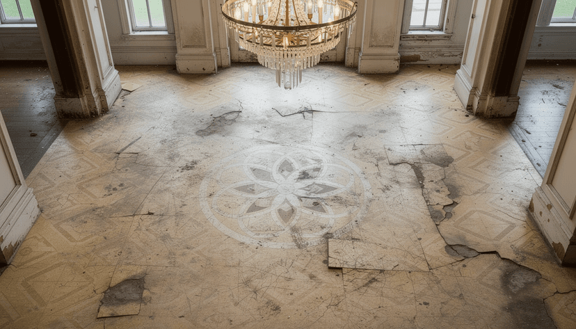 Before: Dilapidated foyer with damaged medallion floor and ornate chandelier before renovation